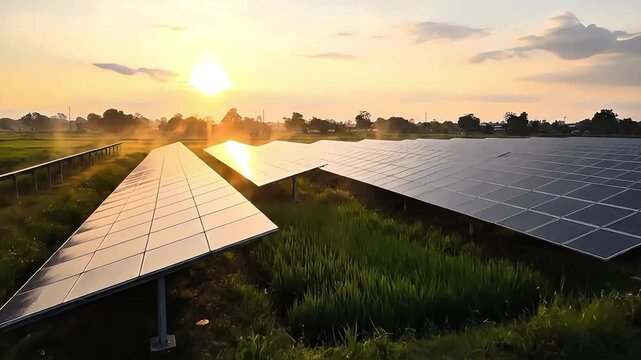 Solar Panels at Sunrise Over Green Rice Fields Sustainable Energy Concept