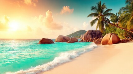 Obraz premium Tropical Beach Scene with Palm Trees and Large Rocks at Sunset