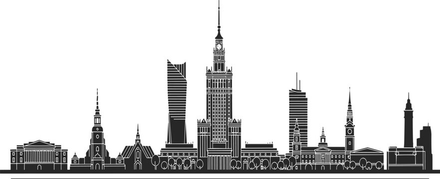 Warsaw Poland City Skyline Black Silhouette Illustration Featuring Palace of Culture and Science for European Travel Tourism and Modern Polish Urban Architecture Design Concepts