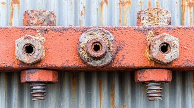 Close up of rusty metal sheeting bolted together with weathered hardware and strong connections forming a rough industrial texture
