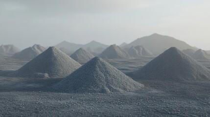 Numerous piles of granular raw materials form abstract textured mounds across an outdoor landscape under a hazy sky