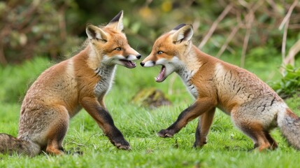 Obraz premium Two Red Fox Cubs Play Fighting in Green Garden Nature Scene