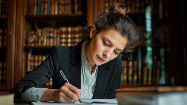 Female lawyer writing notes in law library, showing legal research, case preparation, and professional study concept