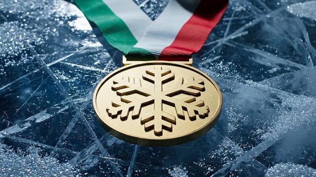 Gold medal with snowflake design on icy background for Winter Games Italy 2026  