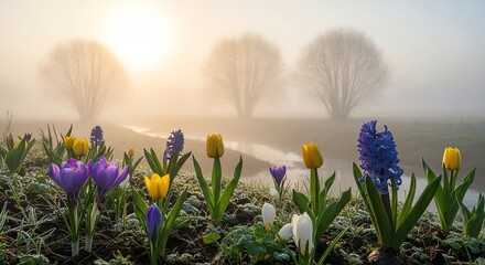 Purple yellow and blue spring flowers in morning fog
