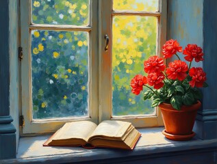 Illustration of close-up_of_a_window_sill_from_inside_a_room-_a_clay_pot_with_lush_red_geraniums