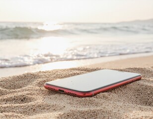 ビーチに置かれたスマートフォン、空と海と波がつくる爽やかでミニマルな美しい光景、高解像度、柔らかな光、広いコピースペース  
Minimal and refreshing scene with a smartphone on the beach, with sky, sea, and gentle waves, high resolution, soft light, ample copy spa