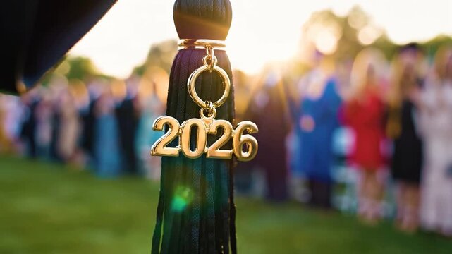 Graduation tassel with 2026 year tag during outdoor ceremony  