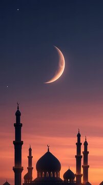 Silhouette of a mosque with minarets and a dome against a vibrant orange and purple sunset sky with a crescent moon.