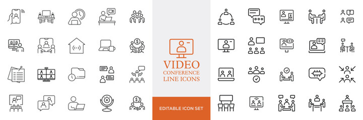 Fototapeta premium Big set of video conference line icons. Meeting, online, live, call etc. Editable stroke