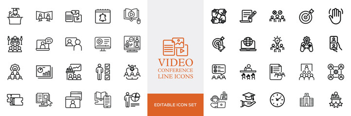 Big set of video conference line icons. Meeting, online, live, call etc. Editable stroke