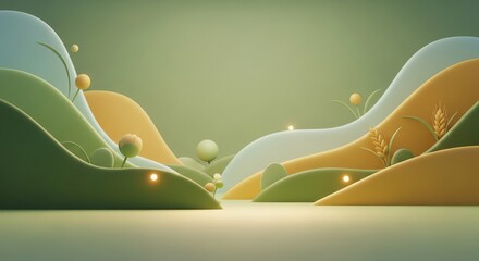 Soft rolling hills with abstract plants and wheat abstract landscape