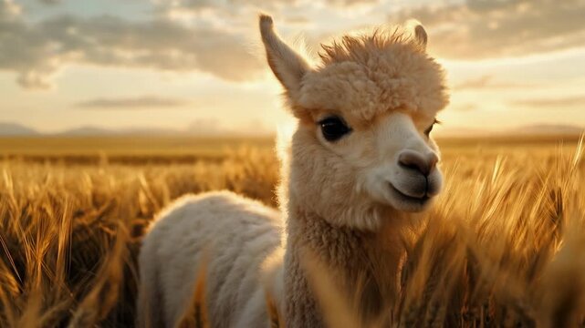 Curious alpaca cria in golden wheat field at sunset turning head in warm backlit countryside
