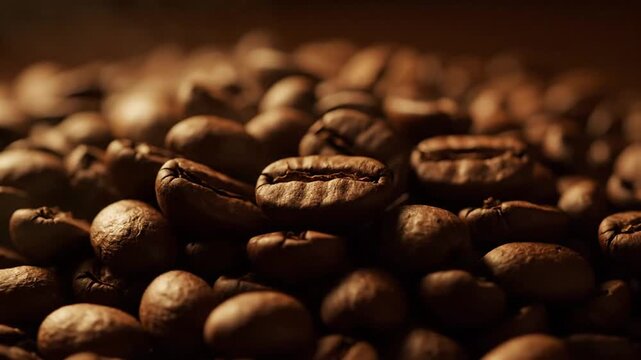 Roasted Coffee Beans Falling in Slow Motion Close Up.