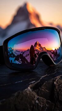 Ski goggles reflecting mountain landscape at sunset for Winter Games Italy 2026  