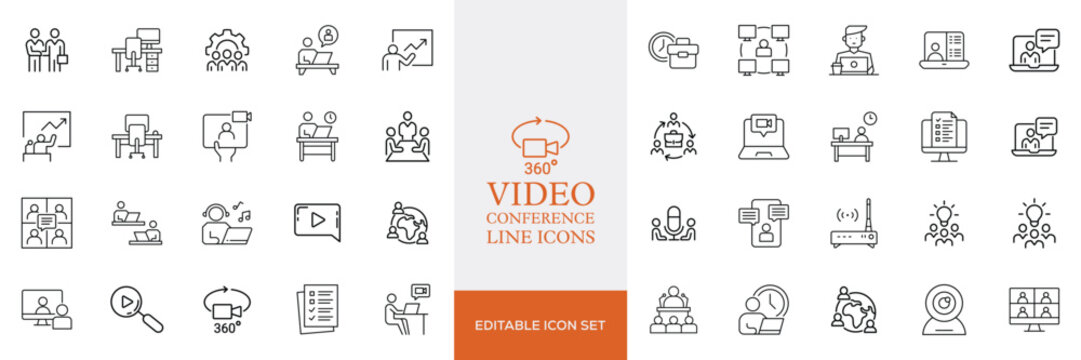 Big set of video conference line icons. Meeting, online, live, call etc. Editable stroke