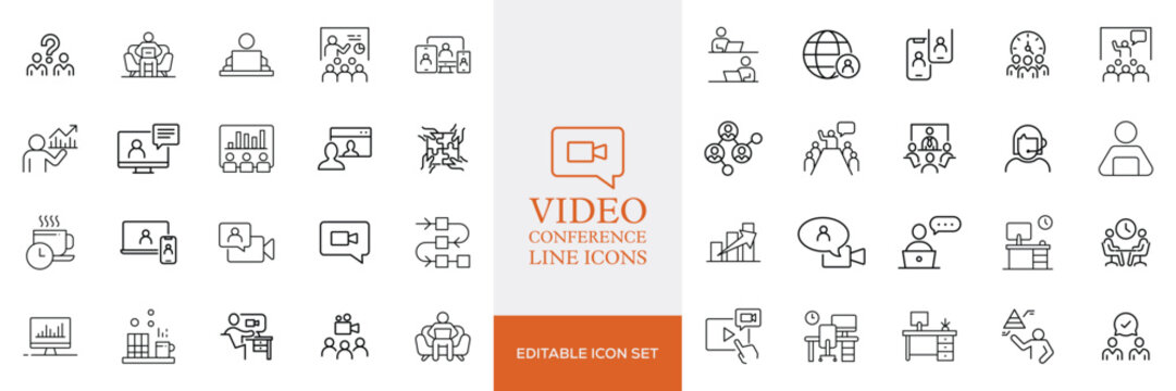 Big set of video conference line icons. Meeting, online, live, call etc. Editable stroke