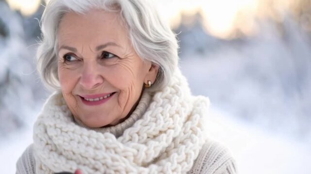 Seniorin wandert durch den Schnee