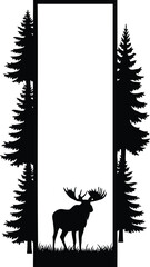Moose standing in forest frame with pine trees silhouette design