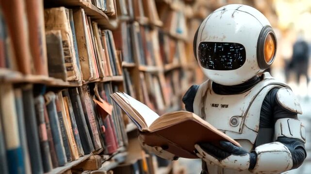 Robot reading a book in a library with shelves of old books.