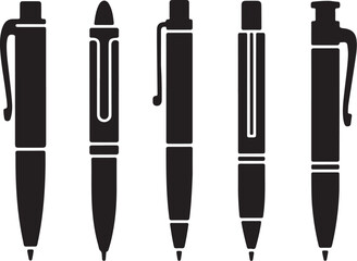 Five black pen silhouettes on white background writing instrument
