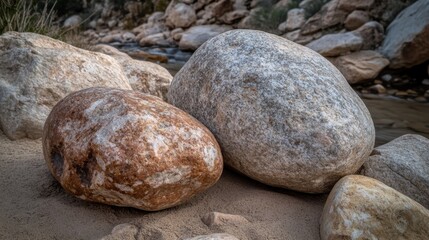 Smooth grey river stones forming a subtle natural gradation of textures and colors on the riverbank