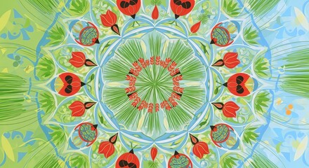 Symmetrical floral and insect mandala pattern
