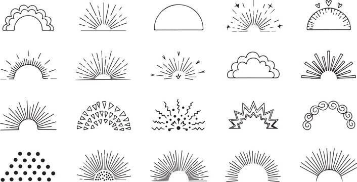  Shine line effects element icon set. Hand drawn doodle sun rays, surprise highlights and sunburst frames with pop confetti ornaments for comic headline decoration and light ray effects vector 
