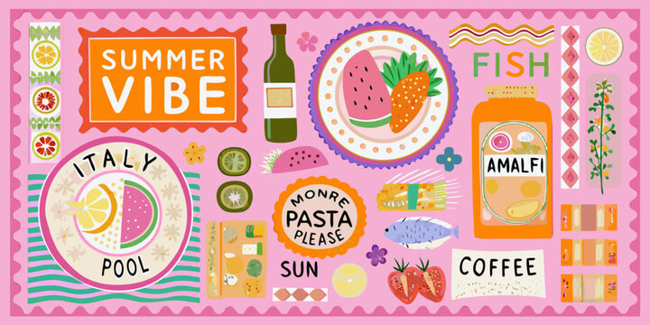 A vibrant summer collage featuring italian themes food and coastal imagery