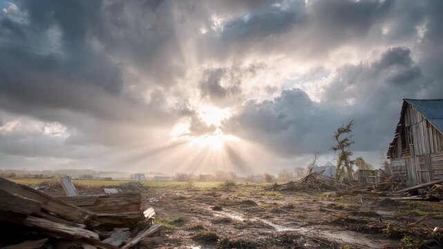 Sunbeams break through storm clouds over muddy farm ruins with collapsed barn and debris field