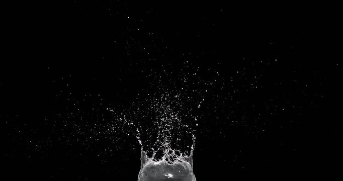 A dynamic video showcases water droplets splashing after an object falls onto a smooth black background, ideal for enhancing motion graphics and creating compelling visual effects