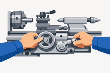 Manual lathe machine operation with hands turning controls for precision engineering