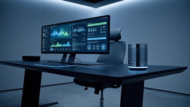 A computer monitor displays a complex data analysis interface on a sleek black desk in a dimly lit modern office environment from a frontal viewpoint like My Video-11.mp4