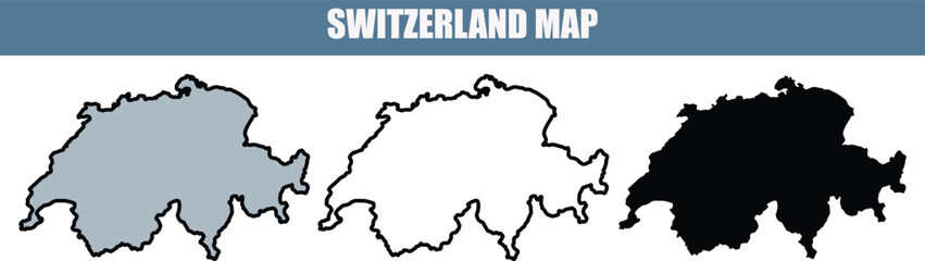 Fototapeta premium Detailed illustration of Switzerland map in various styles, including gray, white, and black, on a clean white background.
