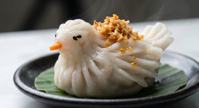 Royal Thai bird shaped dumplings Kanom Jeeb Nok with intricate dough pleats