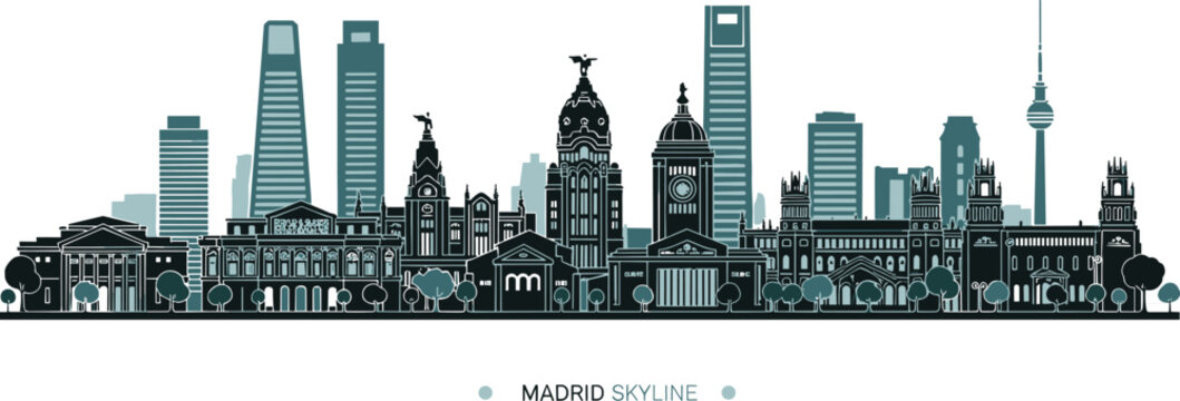 WebMadrid Spain City Skyline Vector Illustration Featuring Metropolis Building Palacio de Cibeles and Iconic Historic Architecture for European Travel Tourism and Urban Design