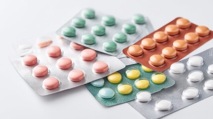 Various Colorful Pharmaceutical Tablets and Pills in Blister Packs on White Background