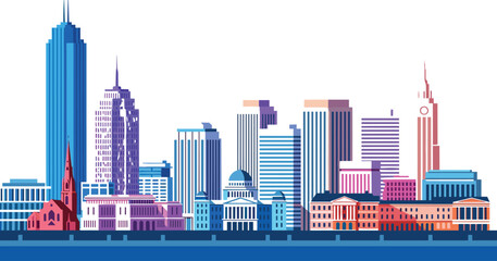 Obraz premium Modern Business City Skyline Illustration with Minimalist Skyscraper Architecture and Corporate Building Vector Art for Urban Development Real Estate and Global Finance Design Concepts