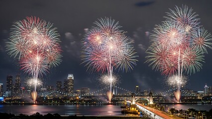 Fireworks Display Over City Skyline Waterfront.