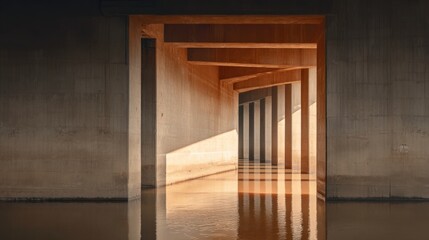 Obraz premium Stunning Architectural Photo of Concrete Structure with Natural Light Reflections Over Calm Water Surface
