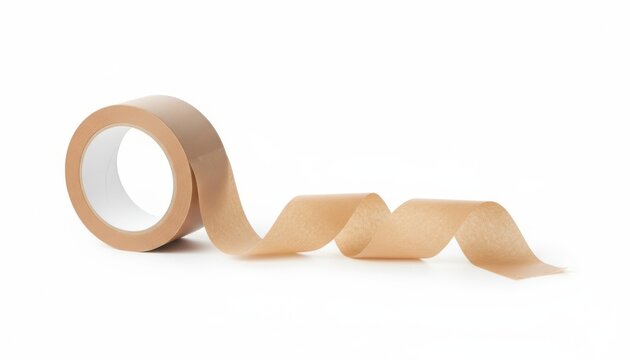 Roll of brown packing adhesive tape with curled strip isolated on plain white background x