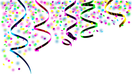 colorful falling confetti with motion blur and hanging paper streamers, neon colored party...