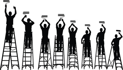 Team of painter silhouettes on ladders raising rollers, professional wall painting service, house renovation teamwork concept, black isolated vector illustration © MstMorshida