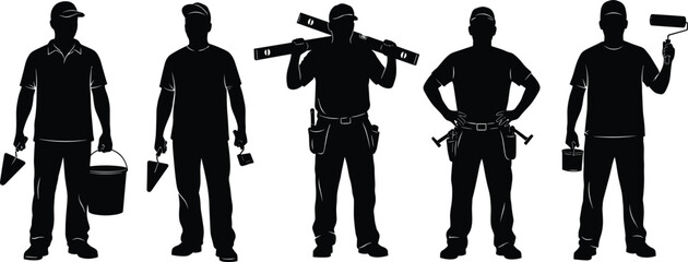 Builder and construction worker silhouettes set with professional tools, painting, masonry, renovation work, industrial labor characters, black vector illustration