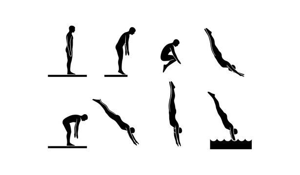Minimal male diving board silhouette vector icons set isolated on white