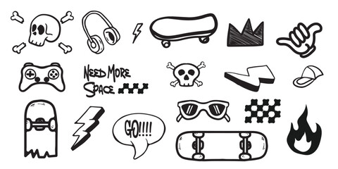 Cool skateboard and gaming doodle vector set for stickers, t-shirts, posters, and other uses. © Abdul