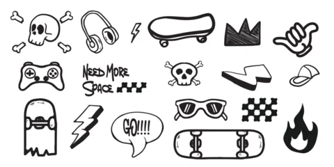 Fotobehang Skateboard Cool skateboard and gaming doodle vector set for stickers, t-shirts, posters, and other uses.  © Ygoods