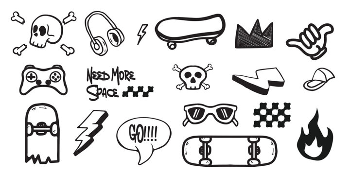 Cool skateboard and gaming doodle vector set for stickers, t-shirts, posters, and other uses.