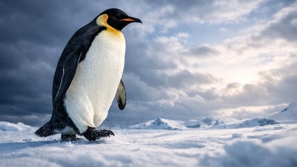 Fototapeta premium Lone Emperor Penguin Walking on Antarctic Ice in UHD 