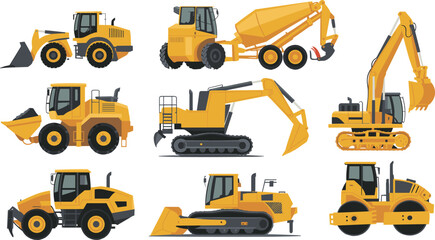 Heavy construction machinery vehicles set illustration with excavator bulldozer loader dump truck roller isolated on white background vector © SreeShoyagini